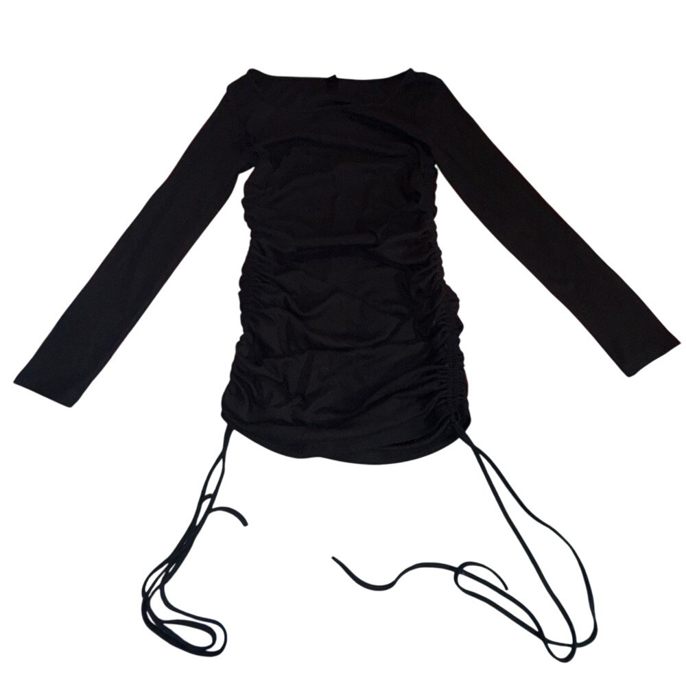 SHEIN Black Long Sleeve Ruched Bodycon Mini Dress Womens Small Ribbed Drawstring